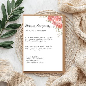 May include: A sympathy card with a floral design and text. The card is a light brown color with a floral arrangement of pink roses in the upper right corner. The text reads "Florence Montgomery" and details about the memorial service.