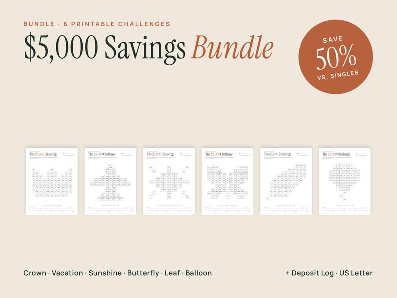 5000 Savings Challenge Tracker Bundle 6 Pack Printable Money Saving ...