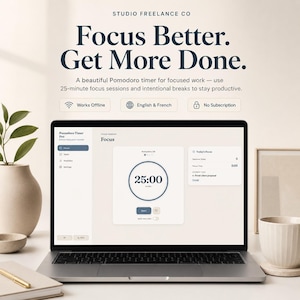 May include: A laptop displaying the Pomodoro Timer Pro software interface with a 25:00 focus session timer. The screen shows task tracking, session statistics, and settings. Text above the laptop reads Focus Better. Get More Done.
