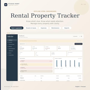 Peut inclure: Un tableau de bord HTML hors ligne pour le suivi de biens locatifs intitulé Studio Rent. L'interface affiche des indicateurs financiers, des informations sur les locataires, des tâches de maintenance et des rapports avec un menu latéral.