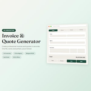 Peut inclure: Interface numérique pour un générateur de factures et de devis, au design épuré et moderne. L'interface comprend des champs de saisie, des boutons d'action et le texte "Invoice & Quote Generator". Elle propose plusieurs devises et régions fiscales.