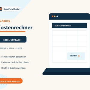 3D-Druck Kostenrechner Excel Vorlage | Filament Resin Preisrechner | Gewinnrechner für Etsy Verkäufer