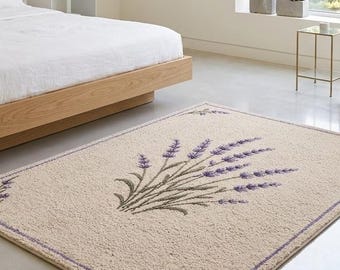 Handmade Lavender Floral Tufted Rug, Neutral Beige Botanical Carpet, Farmhouse Living Room 8x10