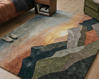 Tappeto astratto trapuntato, tappeto geometrico nei toni della terra, opera d'arte moderna per il pavimento del soggiorno.