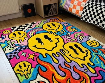 Tappeto Smiley trapuntato a mano / Tappeto con faccina sorridente che si scioglie, tappeto psichedelico pop art colorato per sala giochi, decorazione della camera da letto