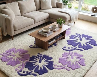 Tappeto trapuntato color lavanda e ibisco / Tappeto floreale viola fatto a mano / Arredamento moderno botanico per la stanza