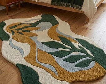 Tappeto botanico dalla forma irregolare, tappeto in lana a foglie libere, tappeto astratto verde senape e blu, tappeto organico che esprime la natura