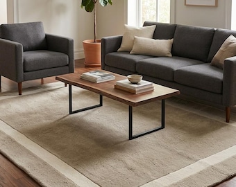 Handtufted Wool Rug – Minimalist Border, Neutral Beige Modern Carpet for Living Room