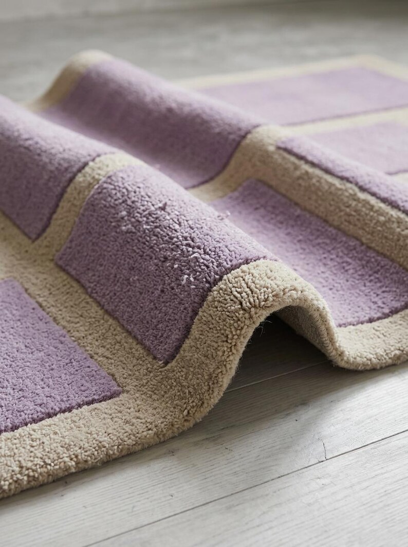 May include: A rolled-up, rectangular rug with a geometric pattern. The rug features a soft, textured pile in a light purple color, with a beige border and square accents. The rug is made of a plush material.