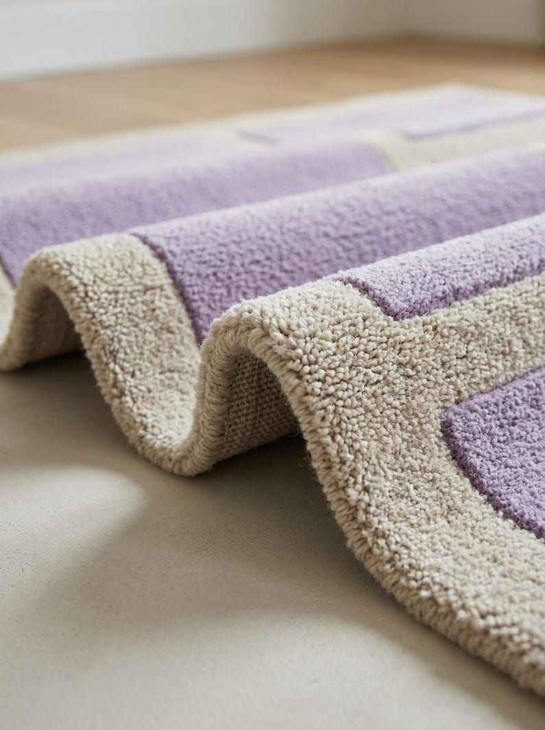 May include: Close-up of a rolled-up, rectangular bath mat. The mat features a light purple center with a beige border. The texture appears soft and plush, with a slight curve visible in the rolled section.
