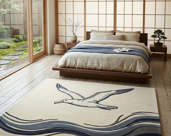 Tappeto in lana con gabbiano, tappeto nautico con onde oceaniche, tappeto costiero blu navy e avorio, tappeto con stampa di uccelli e motivi lineari.