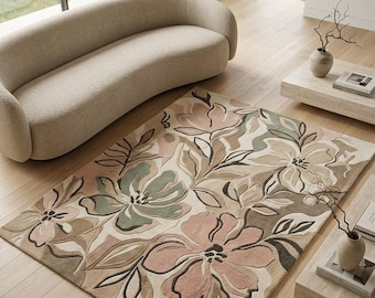 Tappeto floreale, tappeto in lana fatto a mano, tappeto botanico vintage, tappeto in stile cottagecore, tappeto floreale neutro, tappeto per soggiorno, dimensioni personalizzate