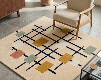 Tappeto geometrico moderno, tappeto astratto di metà secolo, tappeto color crema, blu navy, senape e salvia, decorazione per soggiorno, lana neozelandese