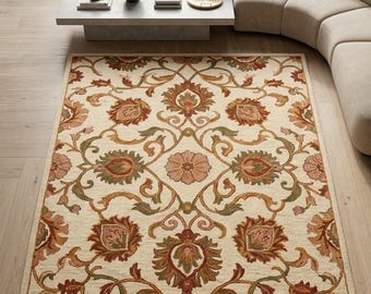 Tappeto Oushak, tappeto in lana trapuntato a mano con motivo floreale, disponibile in misure personalizzate.