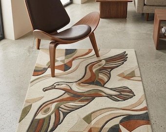 Tappeto in lana con motivo di uccelli in volo, tappeto astratto Art Déco con aquila, tappeto audace color terracotta, oliva e blu navy, tappeto di grande impatto con stampa geometrica di uccelli in stile retrò