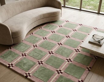 Tappeto a scacchi annodato a mano, tappeto a quadri verde salvia e rosa, tappeto in lana a quadretti pastello, arredamento moderno per soggiorno, camera da letto e cameretta dei bambini, dimensioni personalizzate