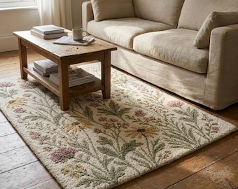 Hand Tufted Wildflower Rug, Botanical Wool Area Rug, Cottagecore Floral Carpet, Handmade Custom Size Rug, Living Room Decor