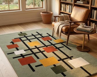 Tappeto in stile Mondrian, tappeto a griglia Bauhaus, tappeto geometrico moderno di metà secolo, tappeto retrò verde salvia, tappeto in lana a griglia astratta colorata