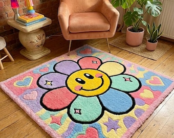 Tappeto trapuntato con fiori sorridenti color pastello, tappeto kawaii con cuori e stelle, decorazione per la cameretta dei bambini in peluche fatta a mano