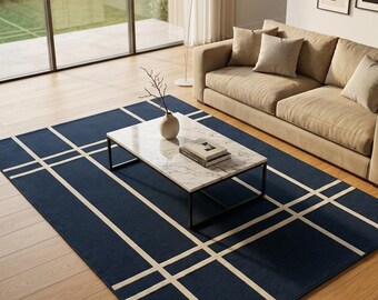Tappeto blu navy / Tappeto geometrico a griglia trapuntato a mano / Tappeto minimalista a quadri per soggiorno / Decorazione per pavimenti moderna realizzata a mano su misura