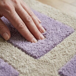 May include: Close-up of a soft, textured rug with a geometric pattern. The rug features alternating sections of light beige and lavender-purple squares. The image shows the texture of the rug.