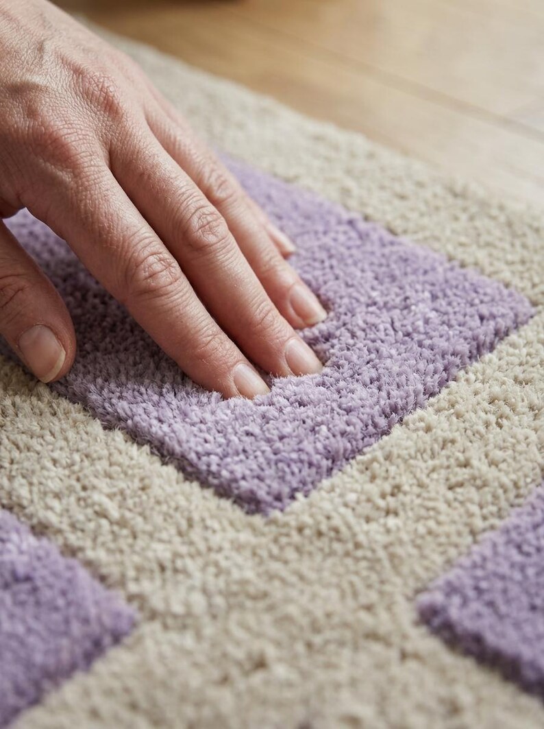 May include: Close-up of a soft, textured rug with a geometric pattern. The rug features alternating sections of light beige and lavender-purple squares. The image shows the texture of the rug.