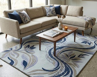 Tappeto in lana con motivo floreale blu lavanda, tappeto botanico con foglie di vite, tappeto naturale blu navy pervinca, tappeto moderno dalle linee fluide di grande impatto.