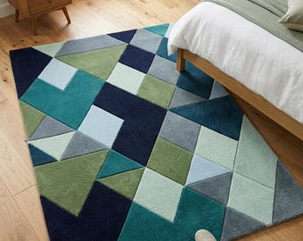Tappeto geometrico in lana trapuntato a mano, design astratto scandinavo di metà secolo.