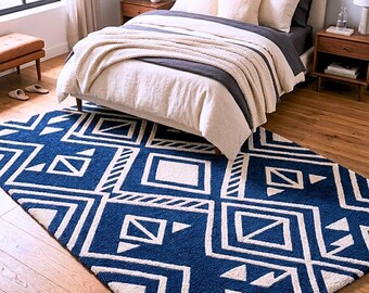Tappeto blu geometrico trapuntato a mano / Tappeto moderno astratto tribale
