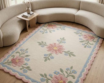 Tappeto floreale con bordo smerlato, tappeto cottagecore rosa e blu, tappeto floreale in stile vintage, tappeto per cameretta Grandmillennial, tappeto shabby chic per camera da letto