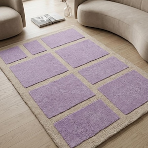 Modern Geometric Rug | Handtufted 3D Textured Block Area Rug | Lilac & Cream Wool Carpet | Custom Size Contemporary Minimalist Floor Decor image 1