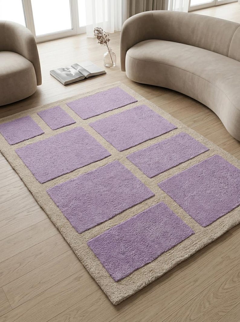 Modern Geometric Rug | Handtufted 3D Textured Block Area Rug | Lilac & Cream Wool Carpet | Custom Size Contemporary Minimalist Floor Decor image 1