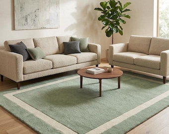Handtufted Sage Green Geometric Border Rug | Minimalist Japandi Scandinavian Decor