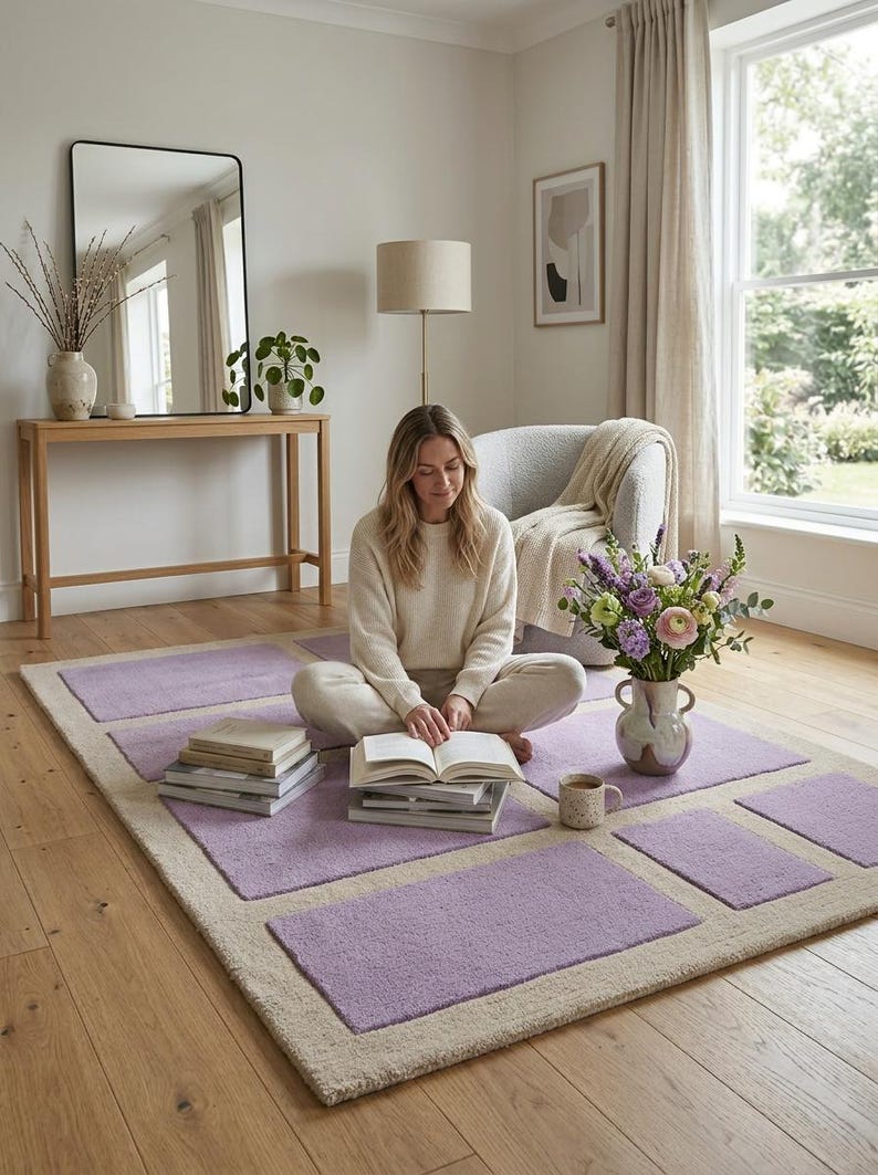 May include: A rectangular area rug with a light purple and beige geometric design. The rug is in a living room setting with a person sitting on it, surrounded by books and a vase of flowers. The rug's dimensions are approximately 6 x 8 feet.