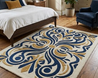 Tappeto in lana blu navy e oro con decorazioni, tappeto simmetrico in damasco barocco, tappeto vintage con motivo a volute, tappeto di grande impatto con medaglione mandala