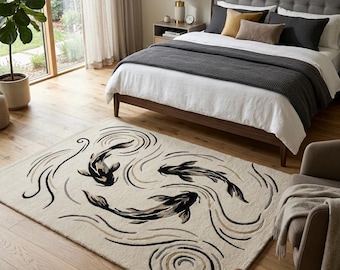 Tappeto in lana con motivo di pesci koi, lavorato a mano – Decorazione per pavimenti in stile Zen Feng Shui, tappeto per soggiorno