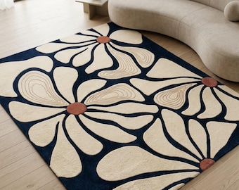 Tappeto floreale scandinavo, tappeto moderno in lana con fiori, tappeto botanico retrò fatto a mano, tappeto minimalista per soggiorno, tappeto su misura