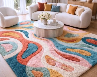 Tappeto trapuntato astratto pastello fatto a mano, tappeto moderno ondulato, decorazione colorata per il pavimento