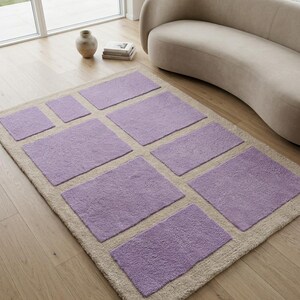 Modern Geometric Rug | Handtufted 3D Textured Block Area Rug | Lilac & Cream Wool Carpet | Custom Size Contemporary Minimalist Floor Decor image 2