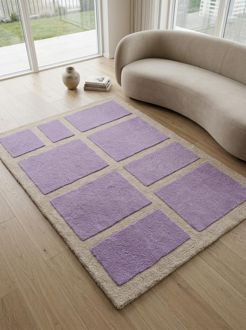 Modern Geometric Rug | Handtufted 3D Textured Block Area Rug | Lilac & Cream Wool Carpet | Custom Size Contemporary Minimalist Floor Decor image 2