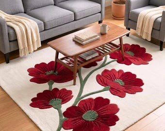 Tappeto 3D rosso a fiori trapuntati / Tappeto in velluto morbido con fiori, tappeto per soggiorno