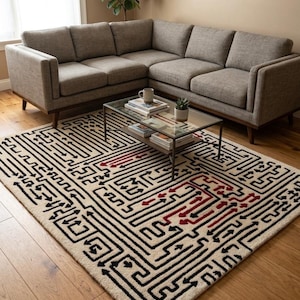 Tappeto Maze annodato a mano / Tappeto moderno astratto, Tappeto geometrico di grande impatto, Arredamento contemporaneo per soggiorno, Tappeto di design in lana