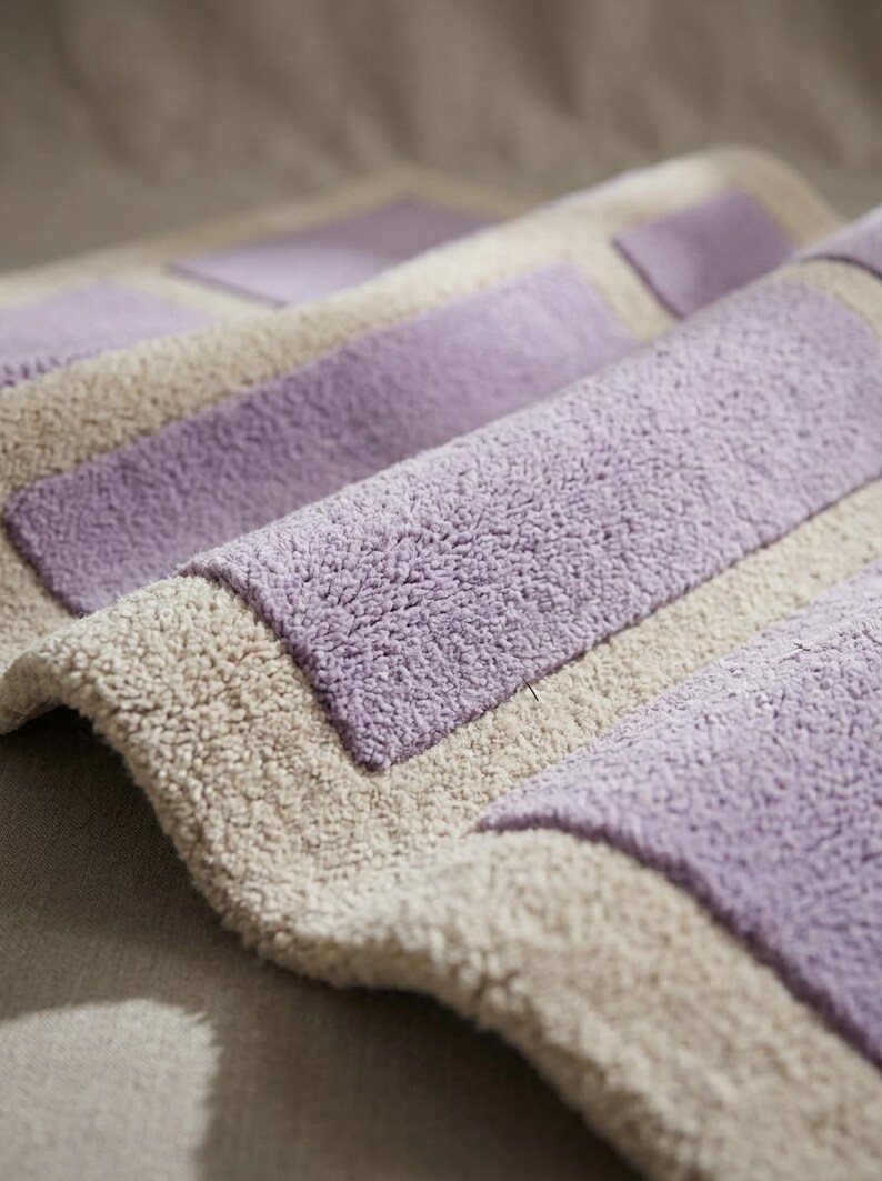 May include: A close-up of a soft, plush bath mat with a geometric design. The mat features alternating stripes of light beige and lavender. The texture appears to be absorbent and comfortable, suitable for a bathroom setting.
