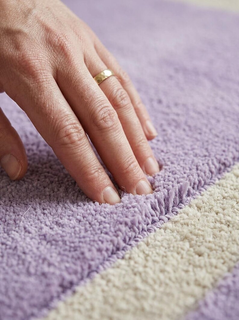 May include: Close-up of a soft, textured rug with a lavender and off-white striped pattern. The rug's fibers are visible, and a hand with a gold ring is touching the surface, highlighting the texture and color variations.