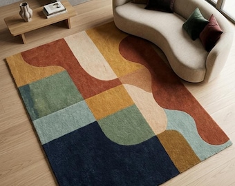 Tappeto moderno astratto a blocchi di colore, tappeto color ruggine, blu navy e senape, tappeto in lana con motivi geometrici audaci, tappeto con motivo ad arco retrò, tappeto colorato contemporaneo