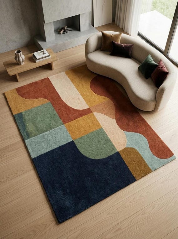 Modern Abstract Color Block Rug, Rust Navy Mustard Rug, Bold Geometric Wool Rug, Retro Arch Pattern Rug, Colorful Contemporary Area Rug