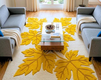 Tappeto in lana trapuntato a mano con motivo a foglie giallo senape – Tappeto botanico in peluche