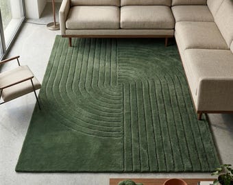 Tappeto in lana verde smeraldo, tappeto moderno con motivo a righe scanalate, tappeto a tinta unita con texture, tappeto minimalista scultoreo trapuntato, tappeto di lusso per l'ingresso.