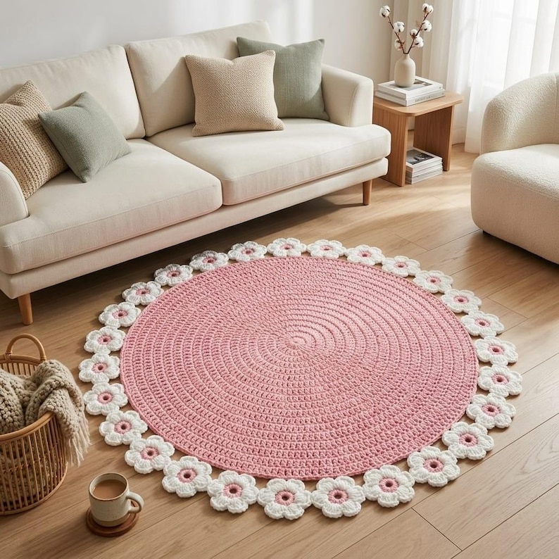 Pink Crochet Flower Rug | Handmade Round Floral Floor Mat - Etsy