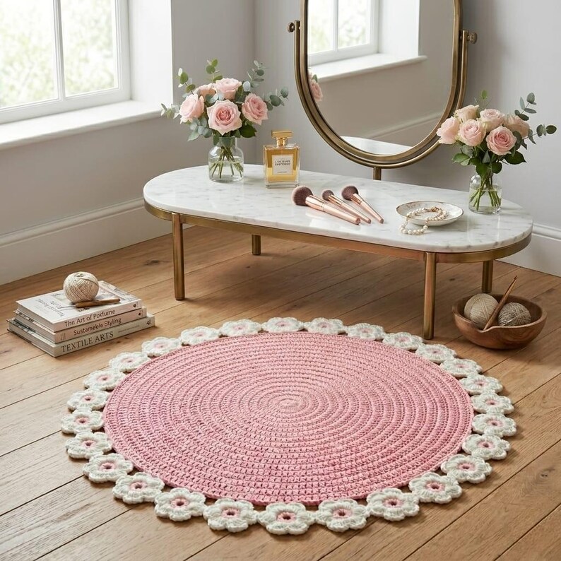 Pink Crochet Flower Rug | Handmade Round Floral Floor Mat - Etsy